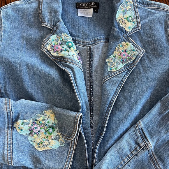 Nancy Bolen City Girl Embellished Denim Jean Jacket Size Large Sequins Artsy VTG - Picture 6 of 14